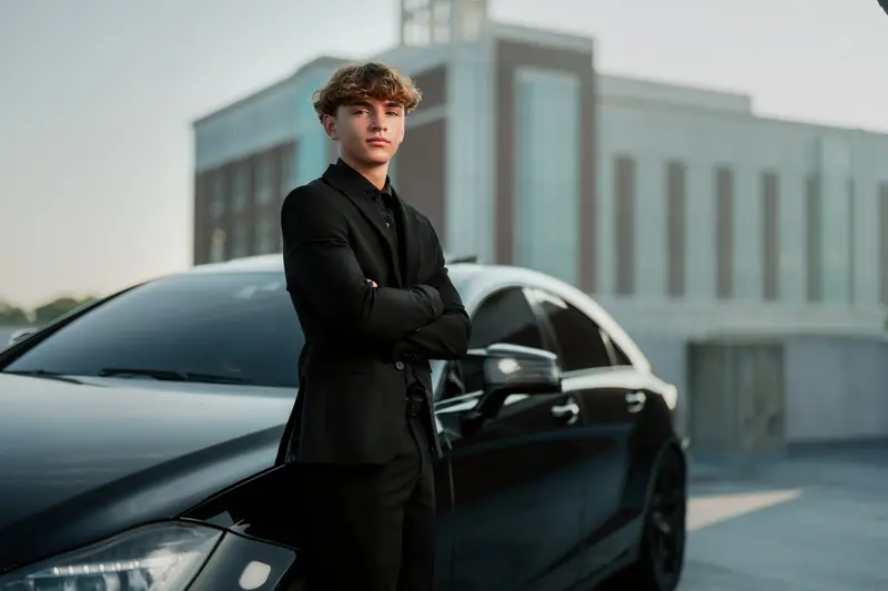 Editorial senior portrait, strong cinematic presence