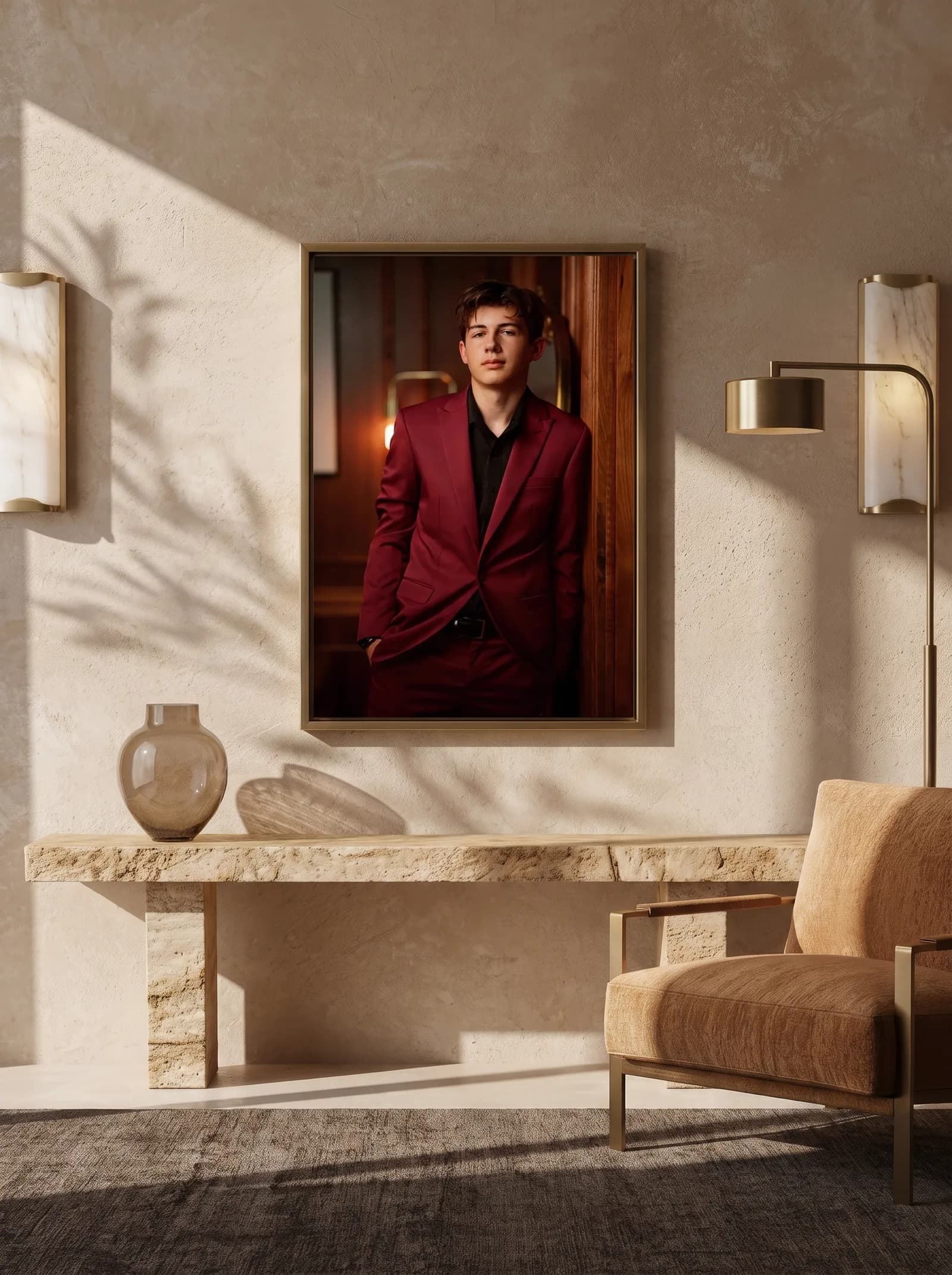 Mockup of floating frame wall art with a burgundy suit portrait above a travertine bench