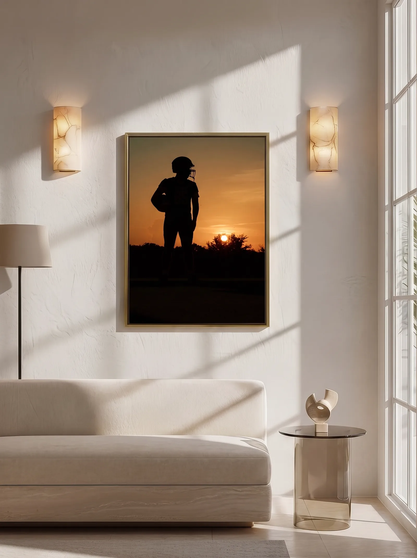Mockup of floating frame wall art with a sunset football silhouette hanging above a sofa